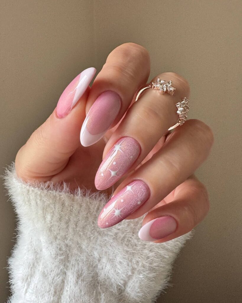 Chic almond nails with a subtle ombre design, combining pastel tones for a classic and modern look