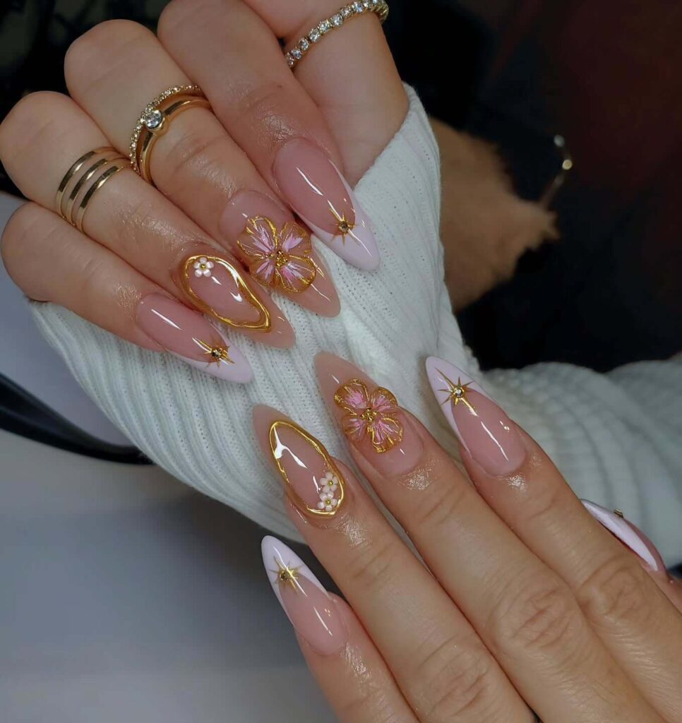 Chic almond nails with a subtle ombre design, combining pastel tones for a classic and modern look