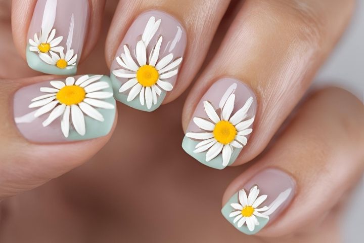 Flower nails with delicate daisy designs, perfect for a fresh spring manicure