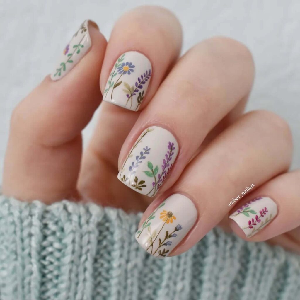 Flower nails with delicate daisy designs, perfect for a fresh spring manicure