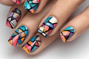 Abstract nail art with vibrant geometric designs and bold color patterns, perfect for creative manicures