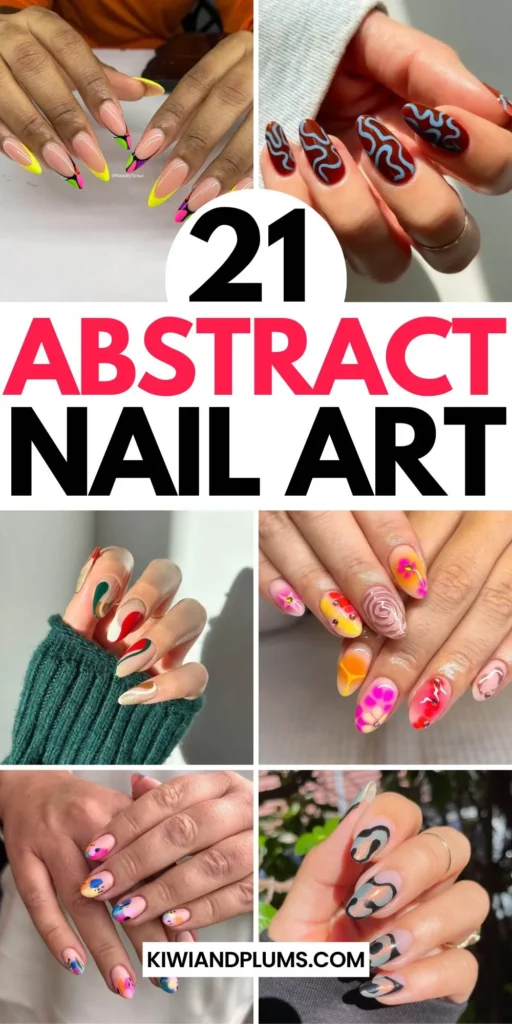 Abstract nail art with vibrant geometric designs and bold color patterns, perfect for creative manicures