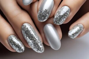 Elegant silver nails with glitter accents, perfect for adding sparkle to your holiday or everyday style