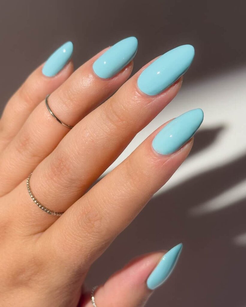 Stylish sky blue nails with a glossy finish, perfect for fresh and modern spring or holiday nail designs