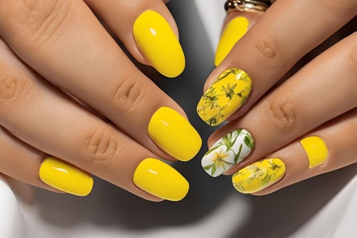 Bright yellow nails with summer-inspired designs, showcasing vibrant and cheerful spring and summer nail trends