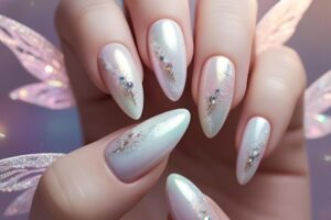 Ethereal fairy nails with pixie dust accents, soft iridescent tones, and sparkling nail art details