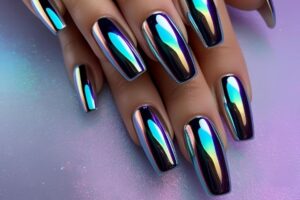 Holographic nails with chrome effects, featuring high-shine pigment and trendy mirror-like finishes for a futuristic look